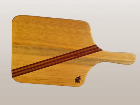 SOLD Kauri w Purpleheart and Kwila diagonal stripe serving board